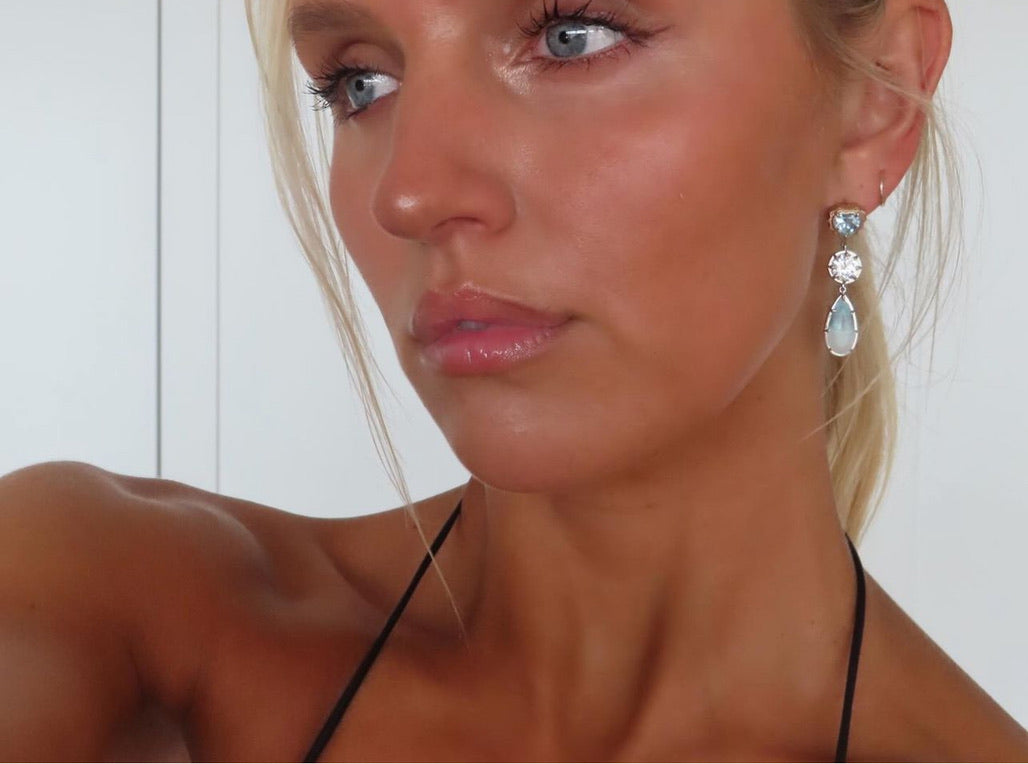 ELARA MISMATCH DROP EARRINGS — White Gold, Sapphire / Topaz / Aquamarine