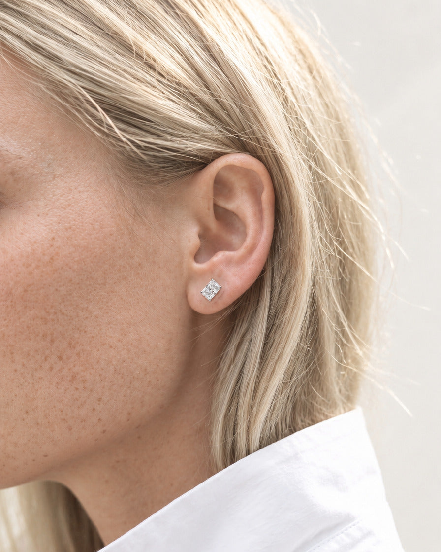Vesper Studs worn, 0.50ct radiant cut lab grown diamond stud in white gold - White November