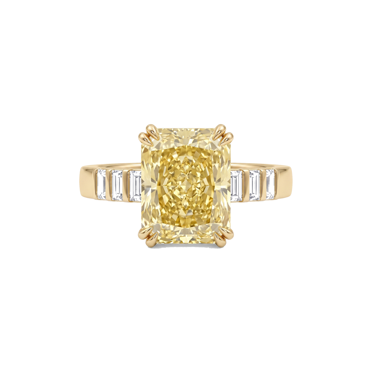Hadley Ring in 18k yellow gold, 3.53ct radiant cut fancy intense yellow diamond with baguette shoulders