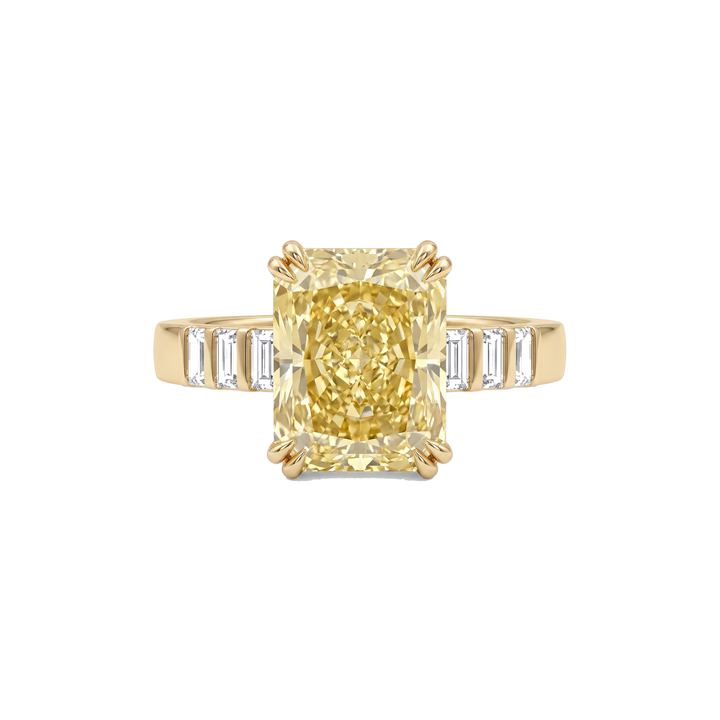 Hadley Ring in 18k yellow gold, 3.53ct radiant cut fancy intense yellow diamond with baguette shoulders