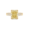 Hadley Ring in 18k yellow gold, 3.53ct radiant cut fancy intense yellow diamond with baguette shoulders