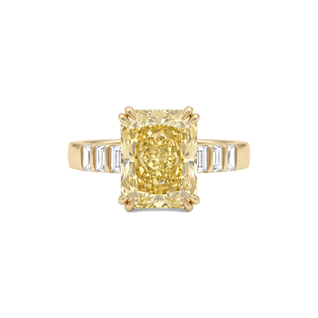 Hadley Ring in 18k yellow gold, 3.53ct radiant cut fancy intense yellow diamond with baguette shoulders