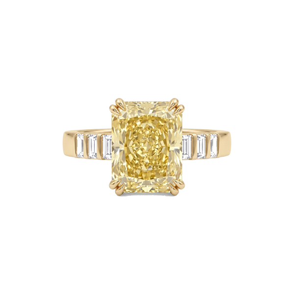 Hadley Ring in 18k yellow gold, 3.53ct radiant cut fancy intense yellow diamond with baguette shoulders