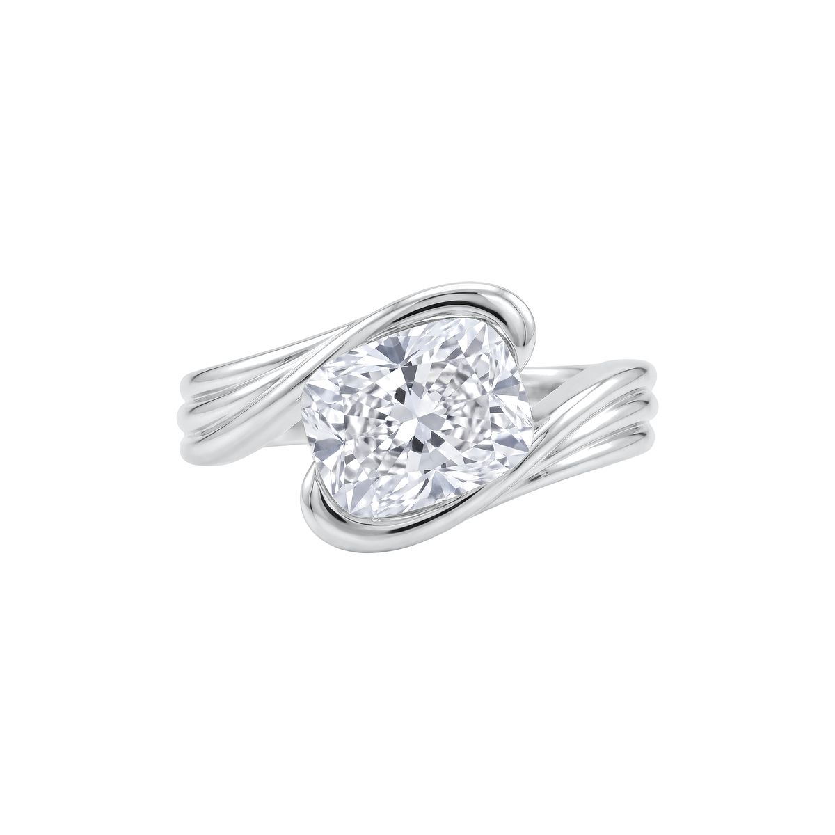 ERTE RING in 18k white gold, elongated cushion cut lab grown diamond set east to west in a fluted bypass band