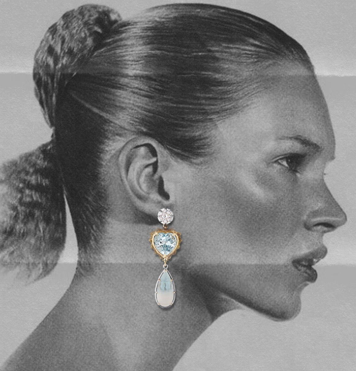 ELARA MISMATCH DROP EARRINGS — White Gold, Sapphire / Topaz / Aquamarine