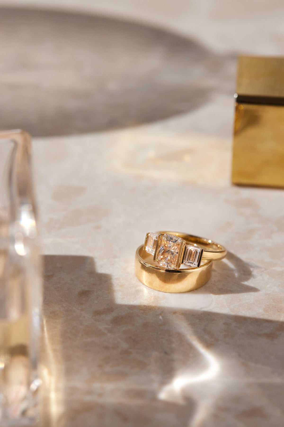 BAUHAUS TRILOGY RING — White Gold / Yellow Gold, Diamond / Moissanite / Emerald