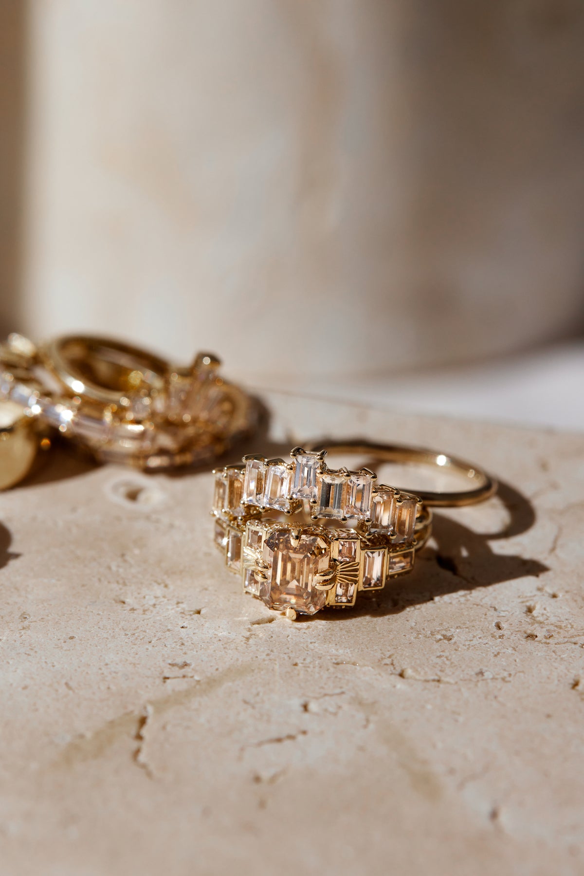 BAUHAUS TRILOGY RING — White Gold / Yellow Gold, Diamond / Moissanite / Emerald