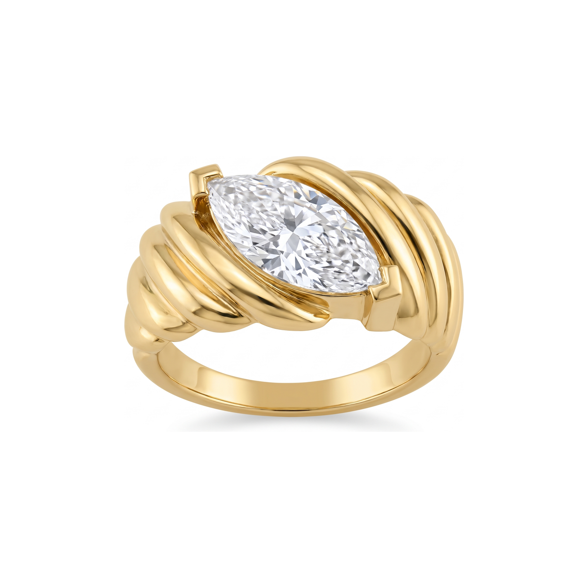THEA RING from above, 18k yellow gold fluted bombe band with a 3ct marquise cut lab grown diamond - White November