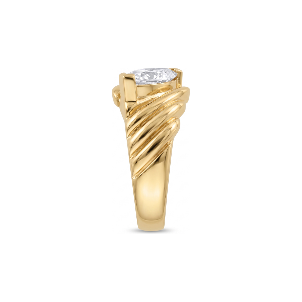 THEA RING side profile, showing the fluted shoulder, tapered band and the marquise lab grown diamond in its V claw - White November