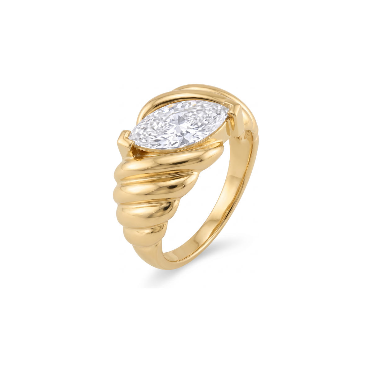 THEA RING three quarter view, 18k yellow gold fluted bombe band with a marquise cut lab grown diamond - White November