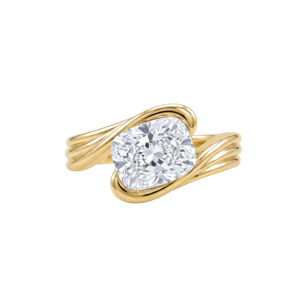 ERTE RING in 18k yellow gold, elongated cushion cut lab grown diamond set east to west in a fluted bypass band