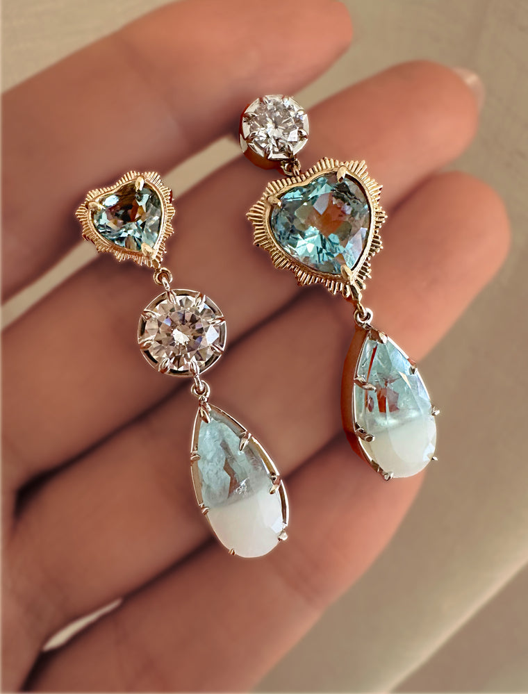 ELARA MISMATCH DROP EARRINGS — White Gold, Sapphire / Topaz / Aquamarine