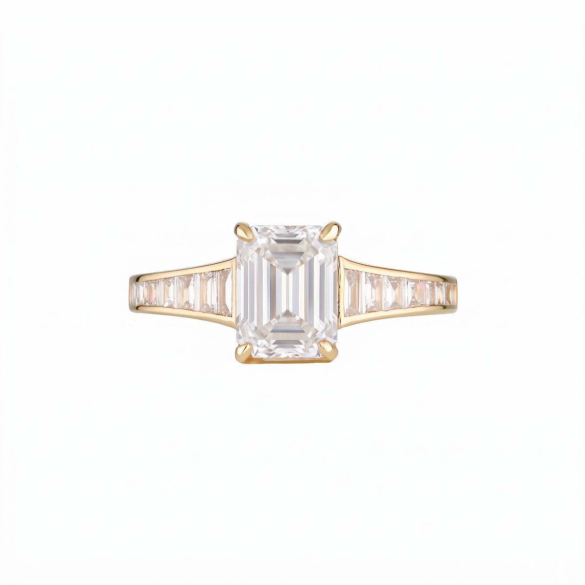 Empire Ring front on with I colour emerald cut centre diamond and I colour baguette shoulders in 18k yellow gold
