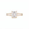 Empire Ring front on with I colour emerald cut centre diamond and I colour baguette shoulders in 18k yellow gold