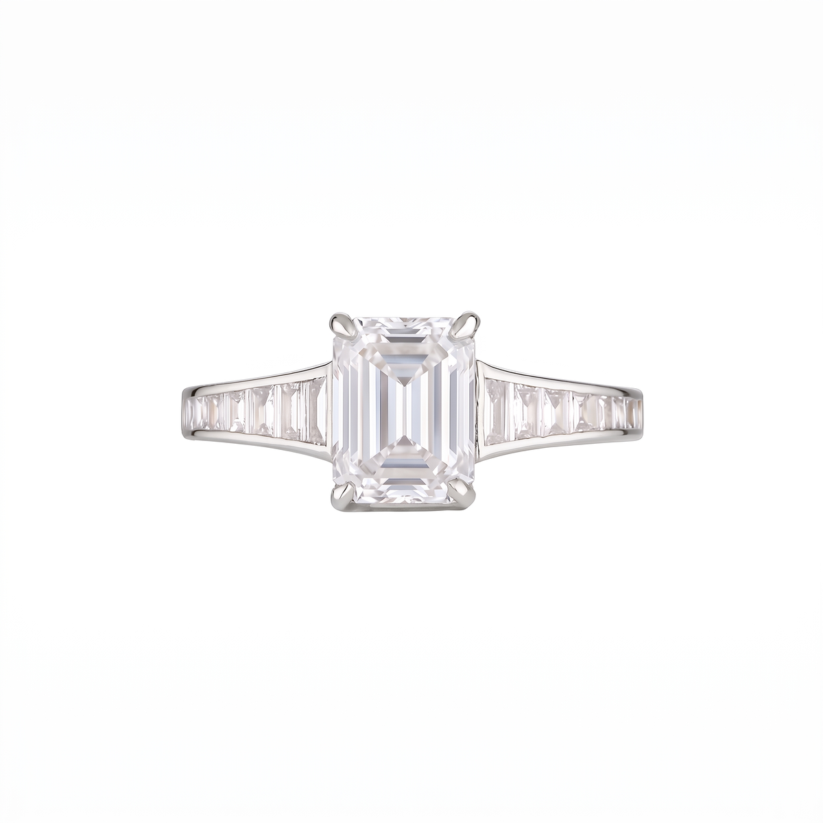 Empire Ring front on with white lab grown emerald cut centre diamond in 18k white gold with channel-set baguette diamond shoulders