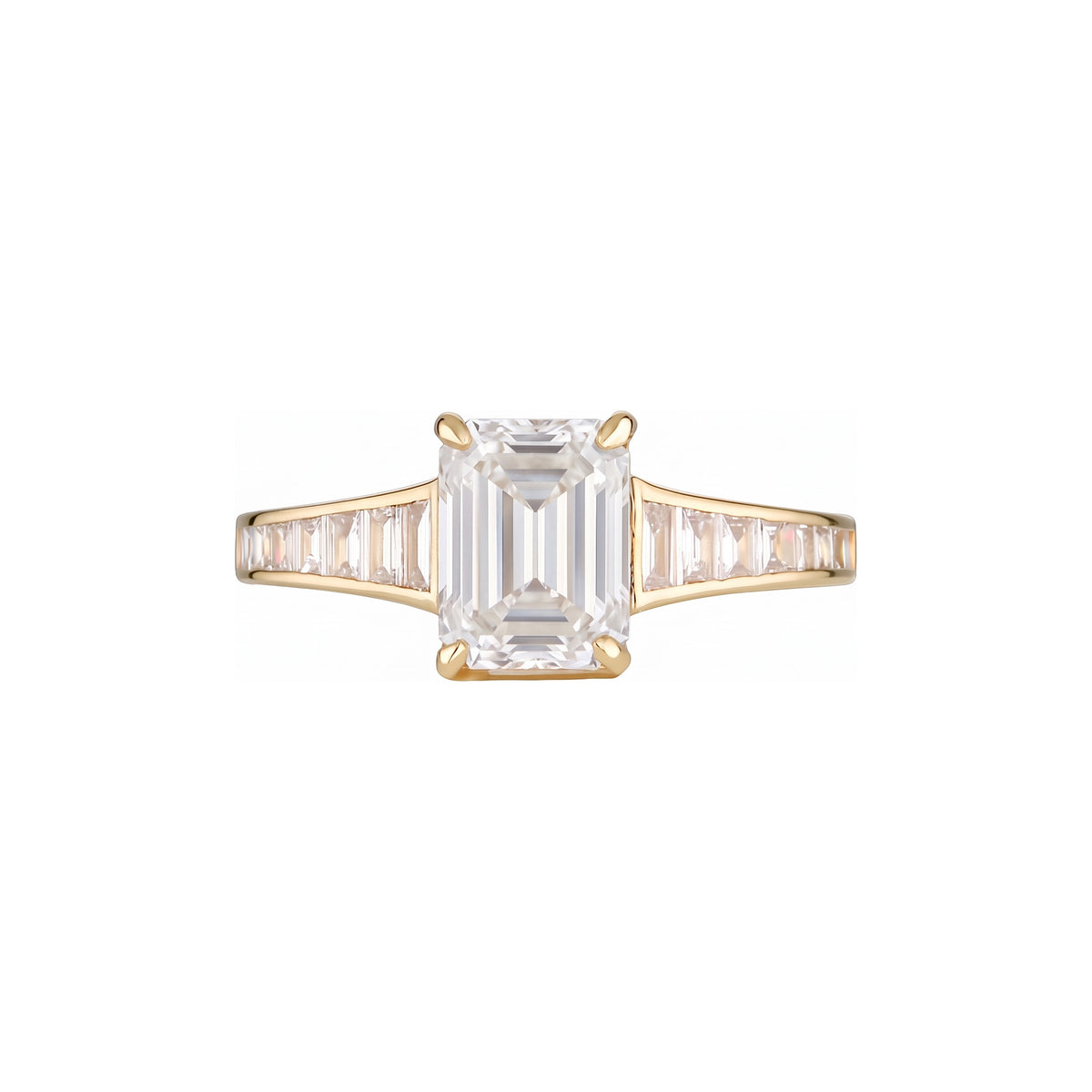 Empire Ring front on with I colour emerald cut centre diamond and I colour baguette shoulders in 18k yellow gold