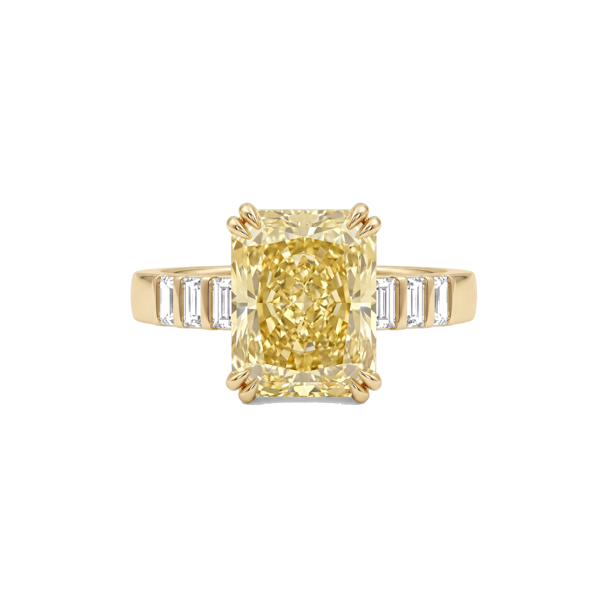 Hadley Ring in 18k yellow gold, 3.53ct radiant cut fancy intense yellow diamond with baguette shoulders