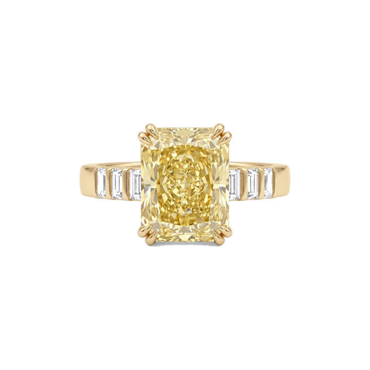 Hadley Ring in 18k yellow gold, 3.53ct radiant cut fancy intense yellow diamond with baguette shoulders