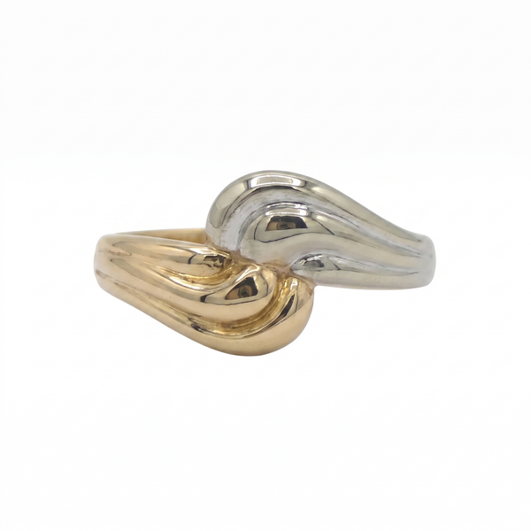 Swirl Ring front on, sculptural rounded gold band, White November