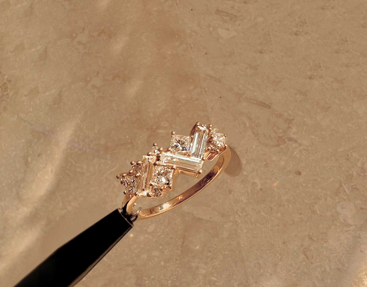 A diamond ring on the bench in the White November studio.