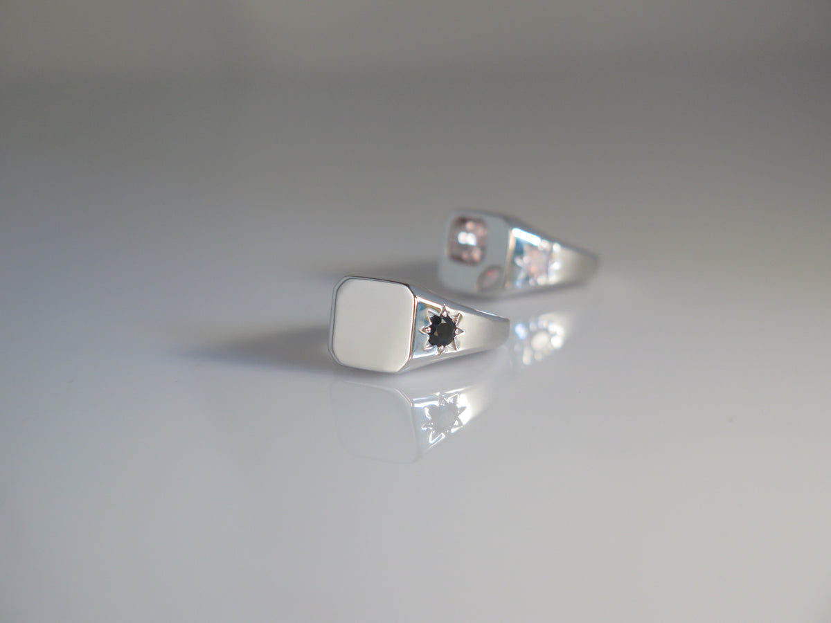 BLACK SAPPHIRE BOSS SIGNET RING — White Gold / Sterling Silver, Sapphire