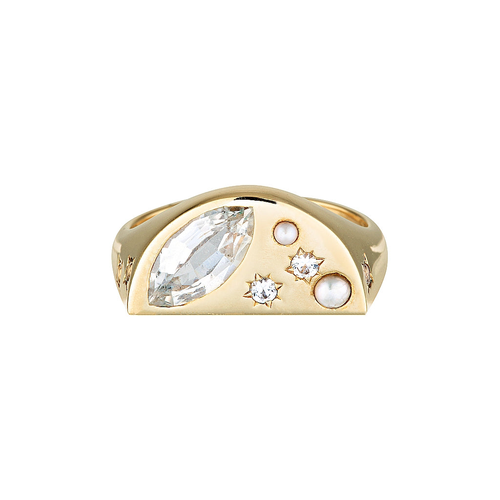 MOON CHILD SIGNET RING — White Gold / Yellow Gold / Sterling Silver, Diamond / Cubic Zirconia / Sapphire / Pearl