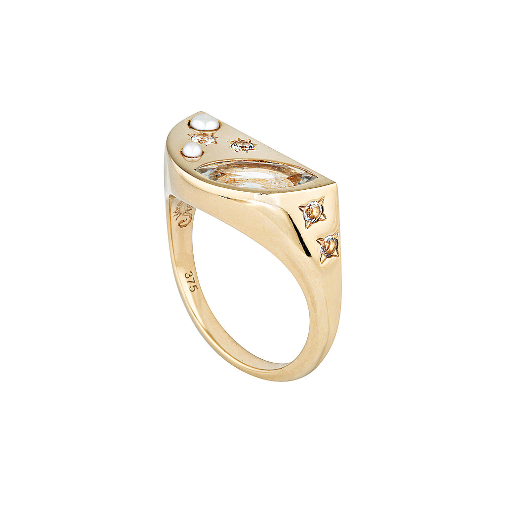 MOON CHILD SIGNET RING — White Gold / Yellow Gold / Sterling Silver, Diamond / Cubic Zirconia / Sapphire / Pearl