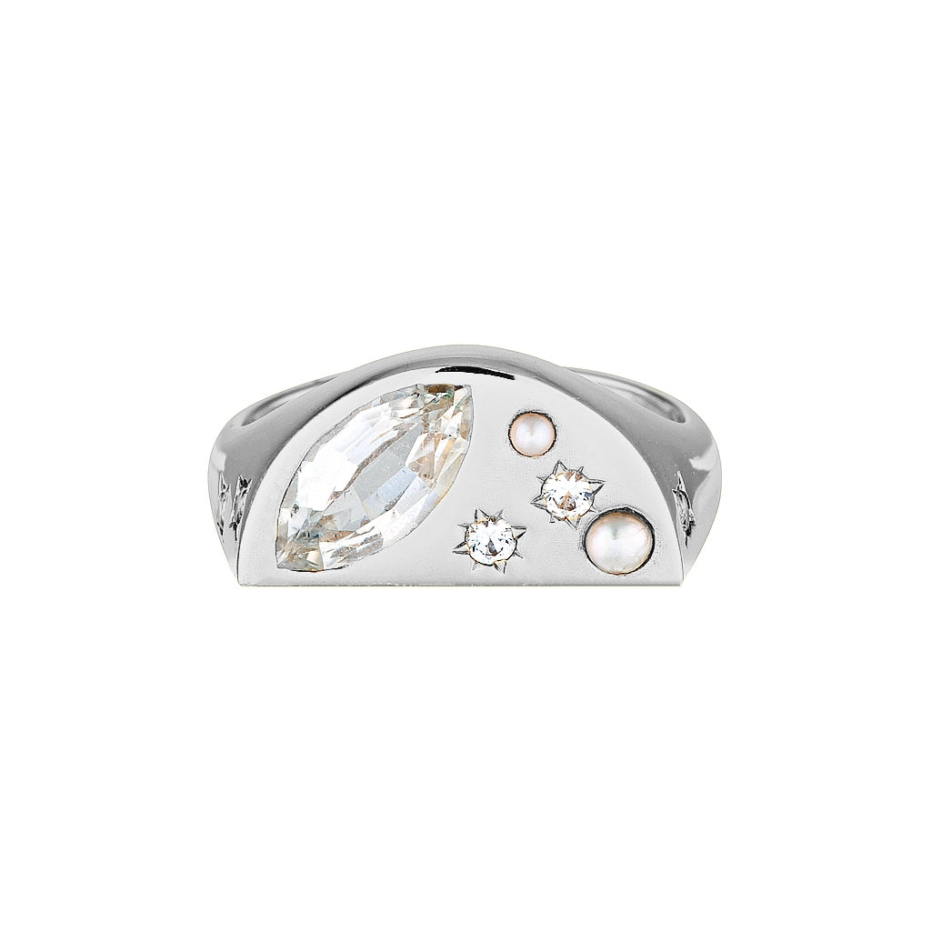 MOON CHILD SIGNET RING — White Gold / Yellow Gold / Sterling Silver, Diamond / Cubic Zirconia / Sapphire / Pearl