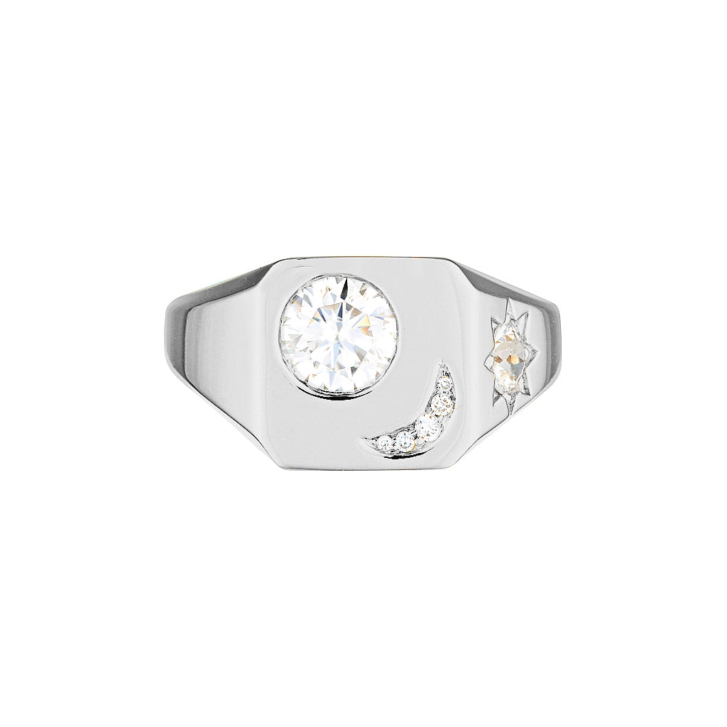 SELENE SIGNET RING — White Gold / Yellow Gold / Sterling Silver, Diamond / Moissanite / Sapphire