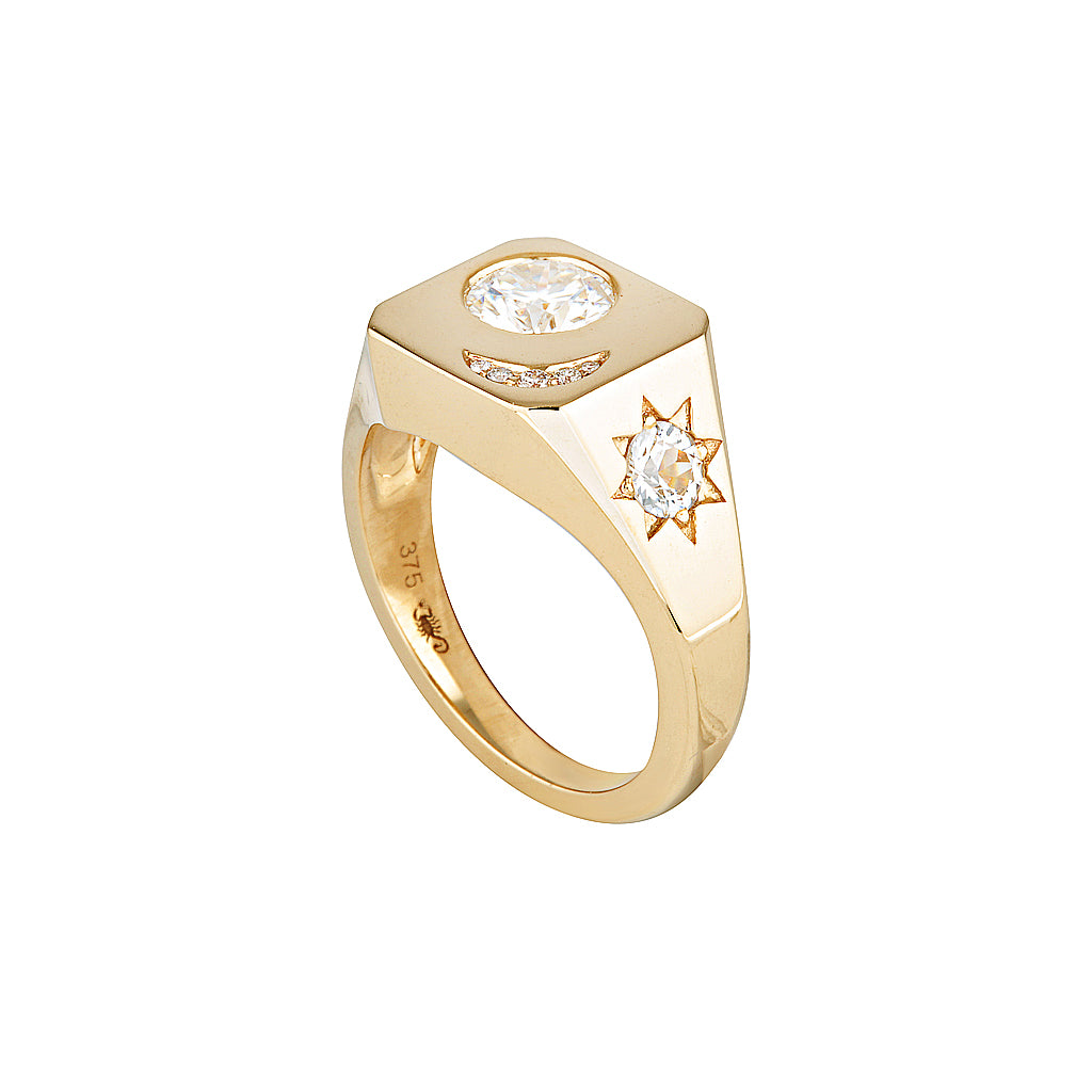 SELENE SIGNET RING — White Gold / Yellow Gold / Sterling Silver, Diamond / Moissanite / Sapphire
