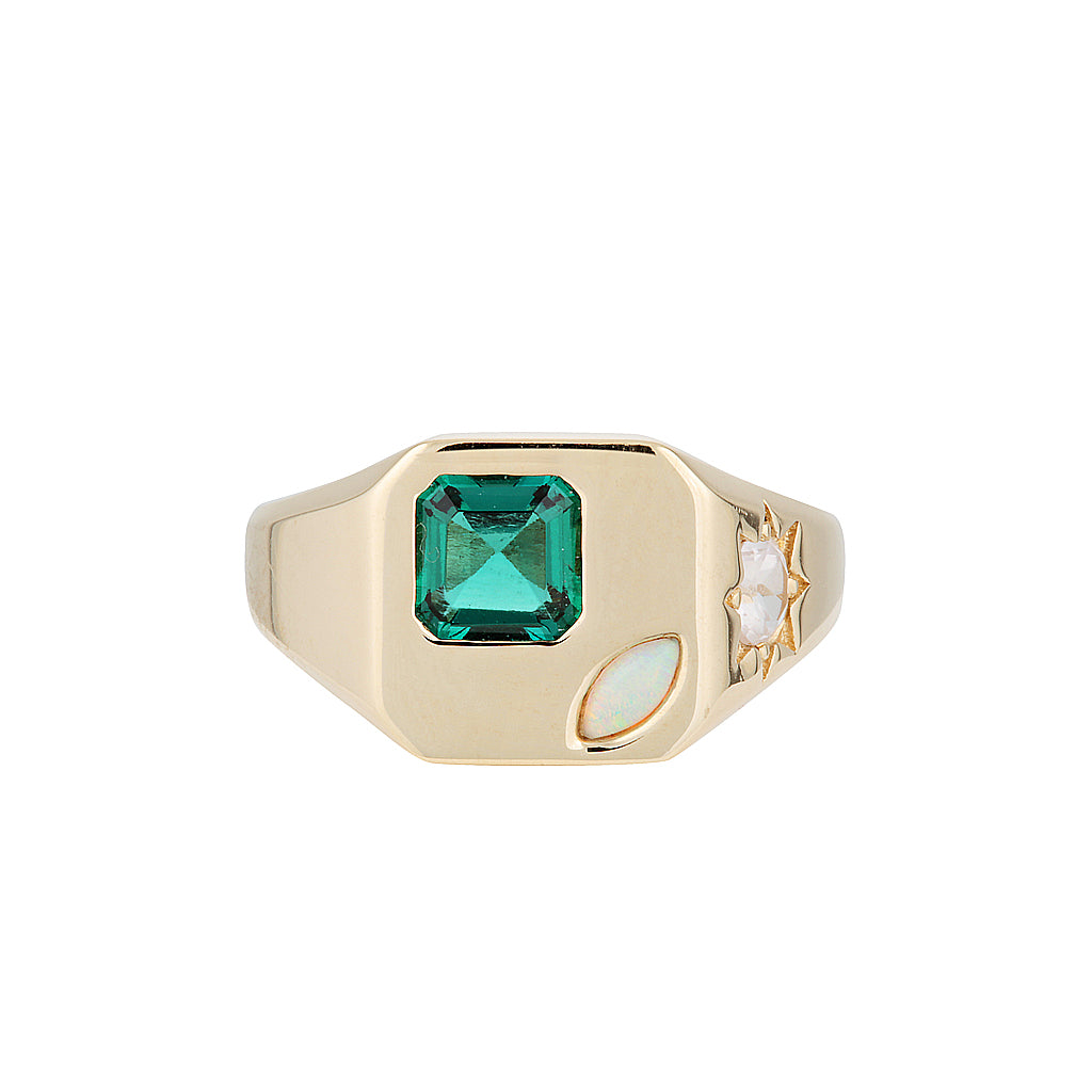 BB SIGNET RING — Yellow Gold / Sterling Silver, Emerald / Opal / Quartz