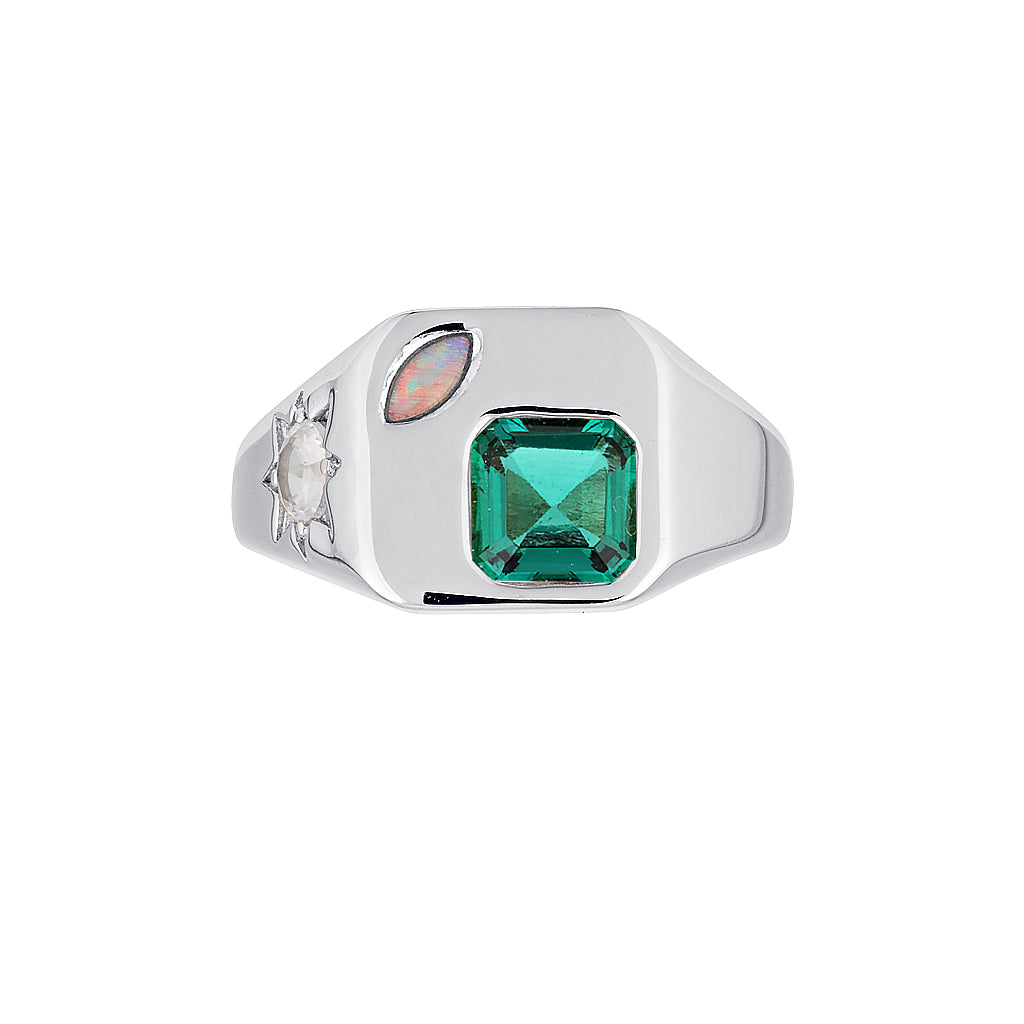 BB SIGNET RING. — Yellow Gold / Sterling Silver, Emerald / Opal / Quartz