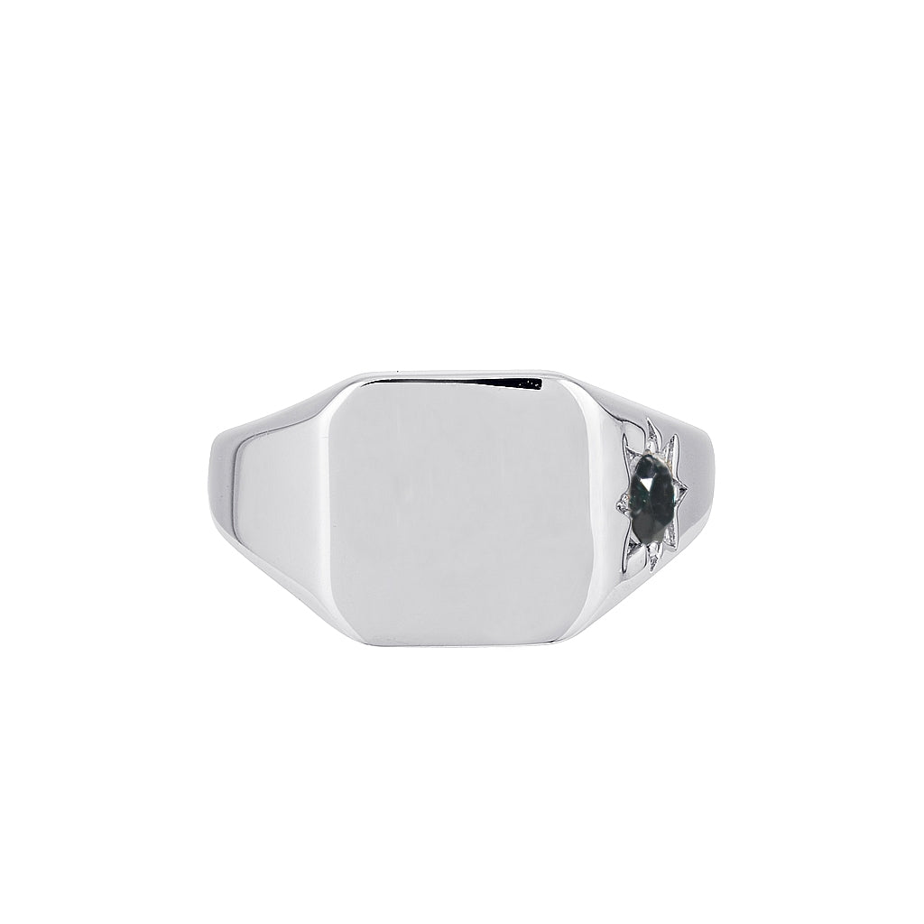 BLACK SAPPHIRE BOSS SIGNET RING — White Gold / Sterling Silver, Sapphire
