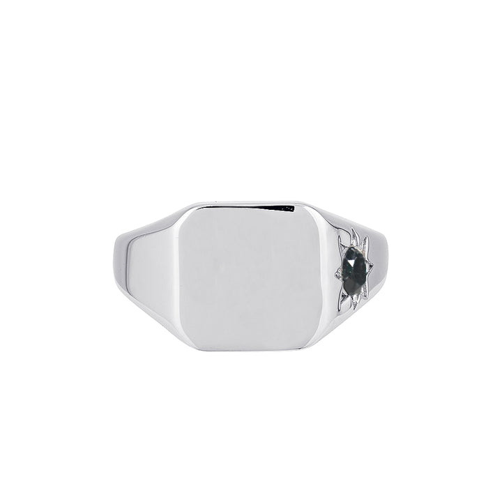 BLACK SAPPHIRE BOSS SIGNET RING — White Gold / Sterling Silver, Sapphire