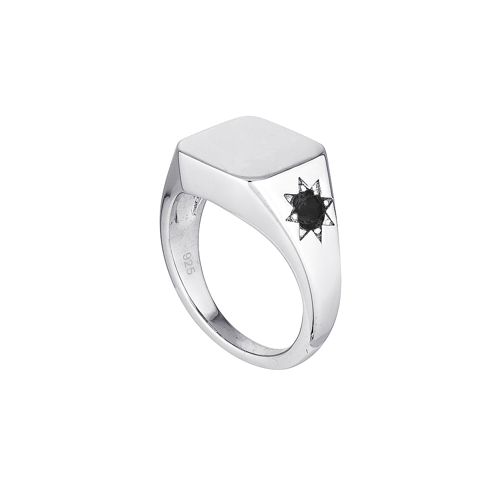 BLACK SAPPHIRE BOSS SIGNET RING — White Gold / Sterling Silver, Sapphire
