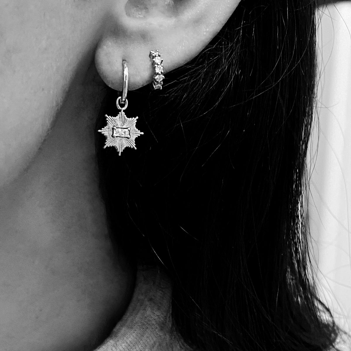 CHER HUGGIE HOOPS — White Gold / Yellow Gold / Sterling Silver, Diamond / Sapphire