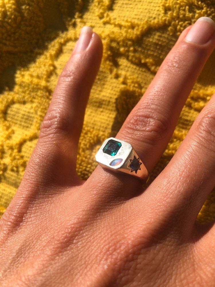 BB SIGNET RING — Yellow Gold / Sterling Silver, Emerald / Opal / Quartz