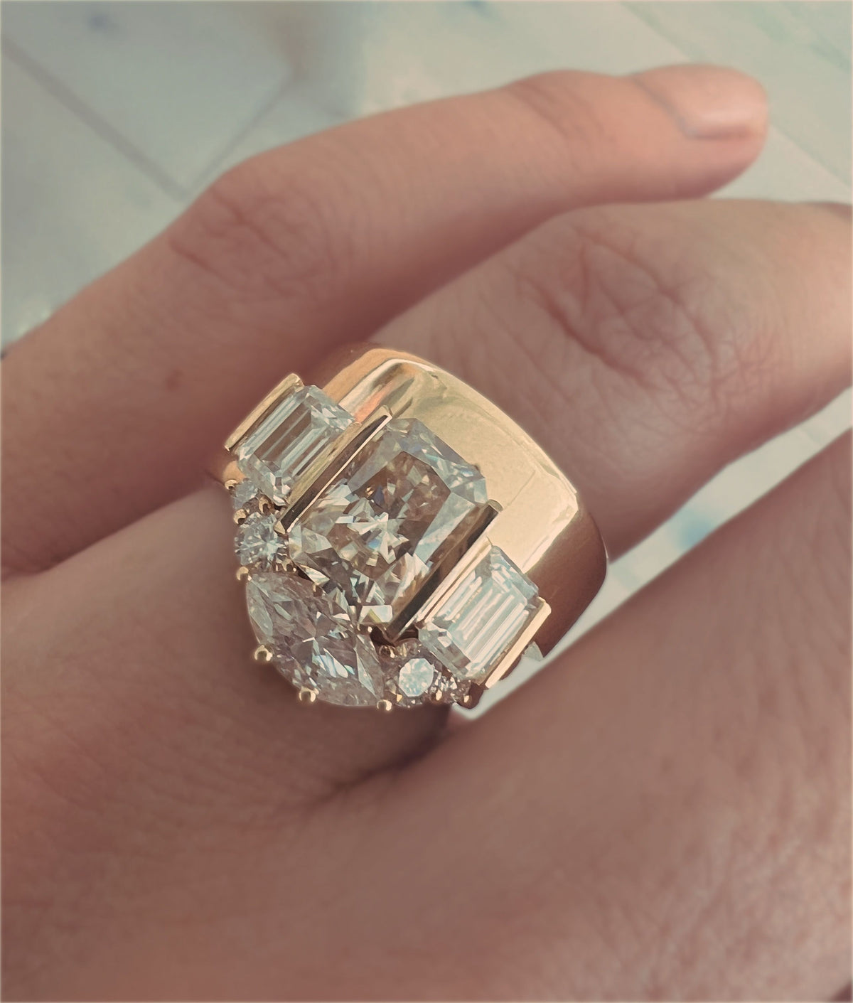 BAUHAUS TRILOGY RING — White Gold / Yellow Gold, Diamond / Moissanite / Emerald