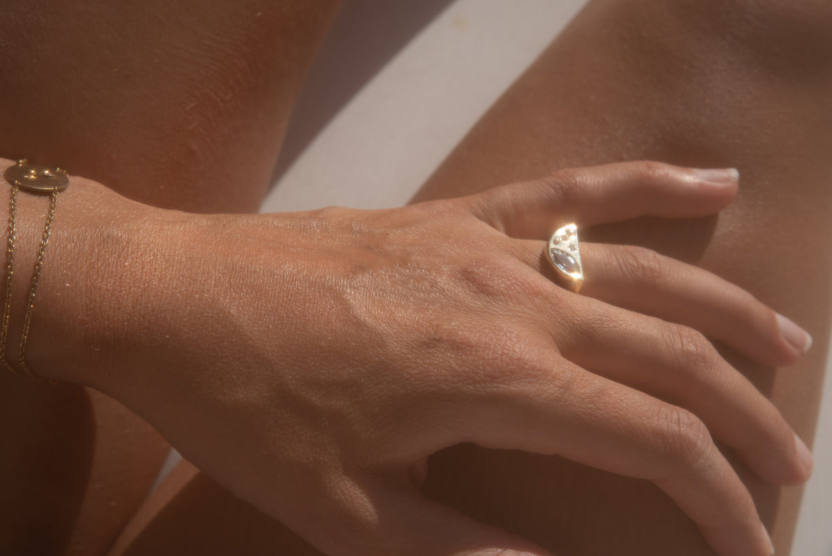 MOON CHILD SIGNET RING — White Gold / Yellow Gold / Sterling Silver, Diamond / Cubic Zirconia / Sapphire / Pearl