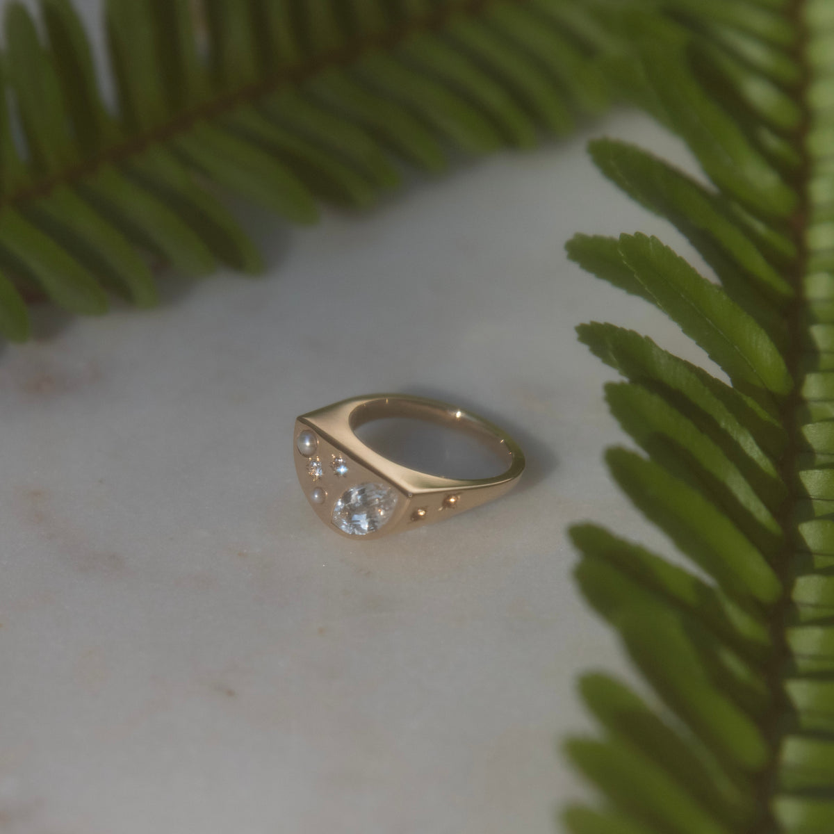 MOON CHILD SIGNET RING — White Gold / Yellow Gold / Sterling Silver, Diamond / Cubic Zirconia / Sapphire / Pearl