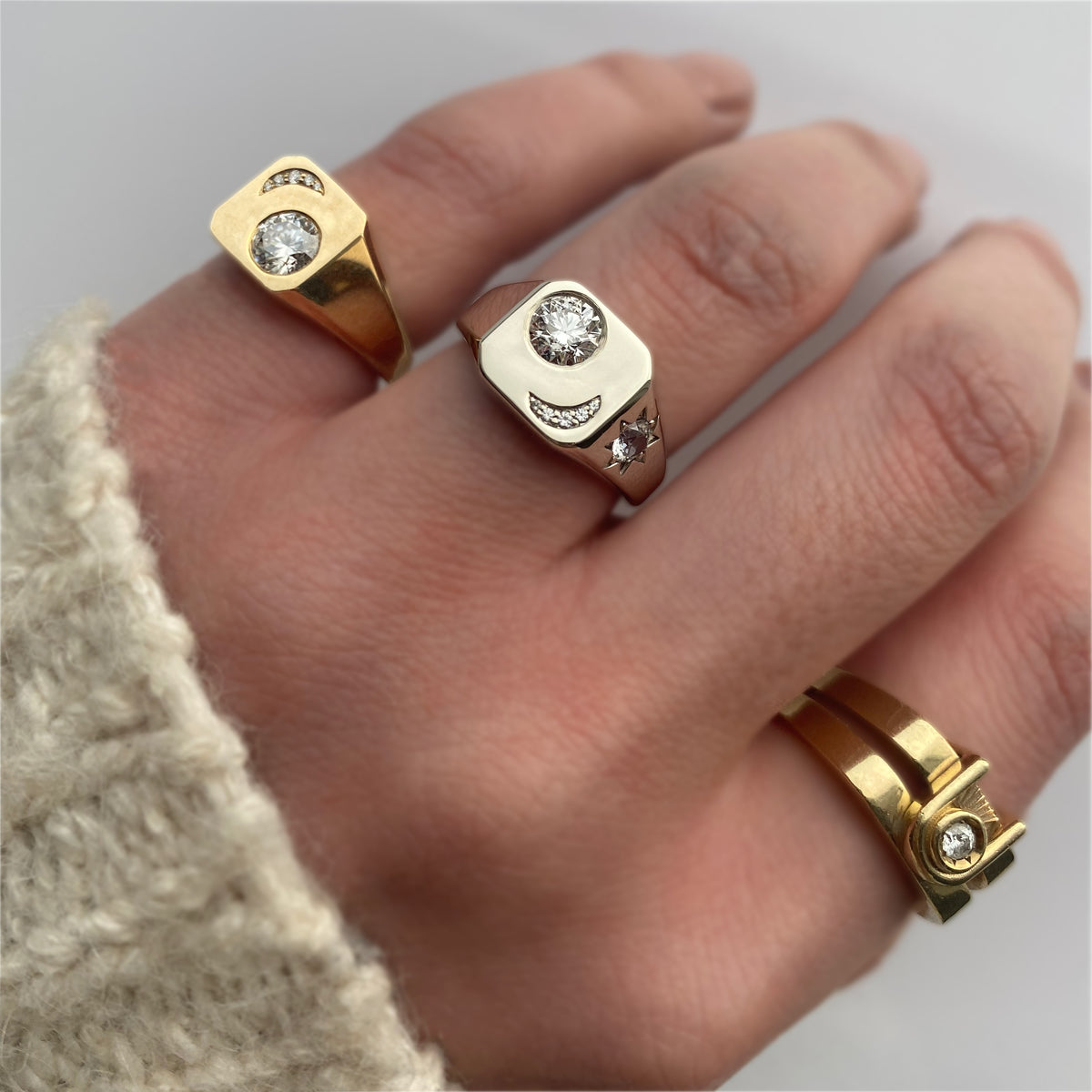 SELENE SIGNET RING — White Gold / Yellow Gold / Sterling Silver, Diamond / Moissanite / Sapphire