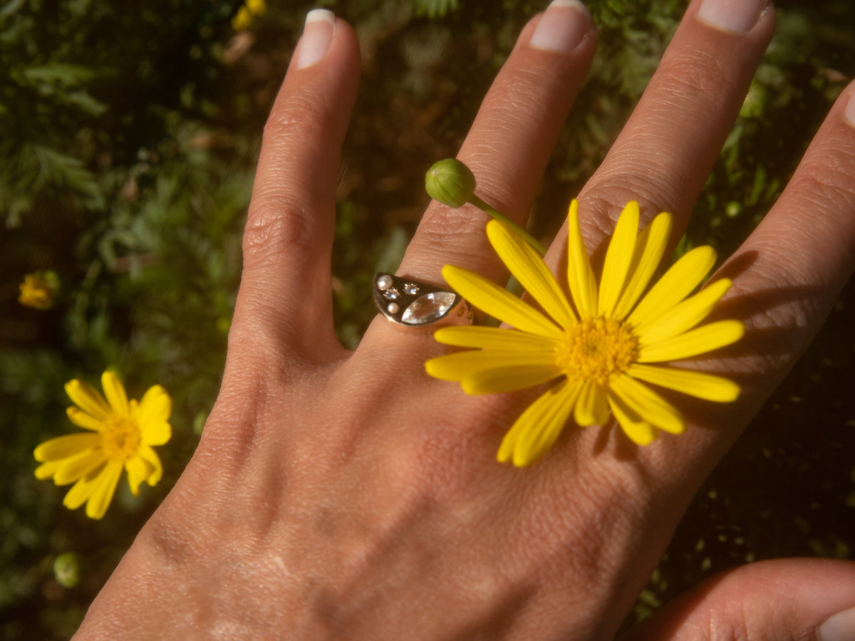 MOON CHILD SIGNET RING — White Gold / Yellow Gold / Sterling Silver, Diamond / Cubic Zirconia / Sapphire / Pearl